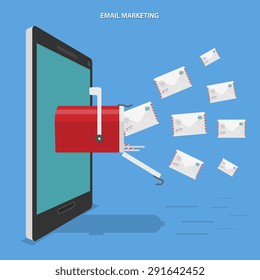 Email marketing flat vector conceptual illustration. Letters flies to mobile phone with mailbox on its screen.