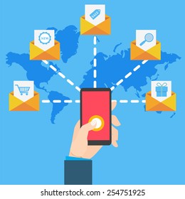 Email marketing with hand hand holding smartphone