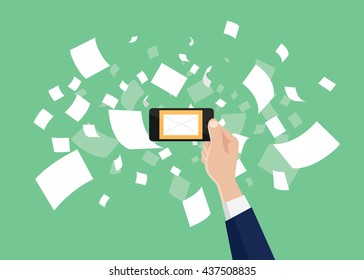 email marketing hand holding smartphone with message envelope and paper document newsletter as backgrond vector graphic illustration