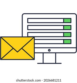 Icono de email marketing con notificación en línea de vector plano en la pantalla del ordenador. Comunicación comercial digital en Internet