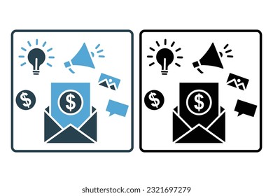Icono de Email Marketing. incluir icono de sobre, bombilla, megáfono, chat, imagen. icono relacionado con el marketing digital. Diseño de estilo de icono sólido. Diseño de vector simple editable