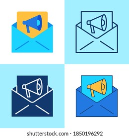 E-mail marketing icon set in flat and line style. Mail with megaphone symbol. Content promotion and advertising. Vector illustration.