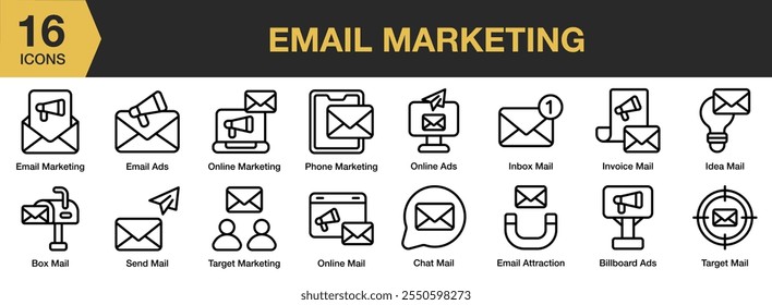 Conjunto de iconos de Email Marketing. Incluye anuncios, en línea, teléfono, bandeja de entrada, caja, destino, envío, chat y más. Colección de Vector de iconos de contorno.