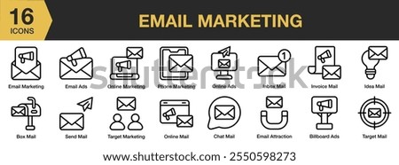 Email Marketing icon set. Includes ads, online, phone, inbox, box, target, send, chat, and More. Outline icons vector collection.