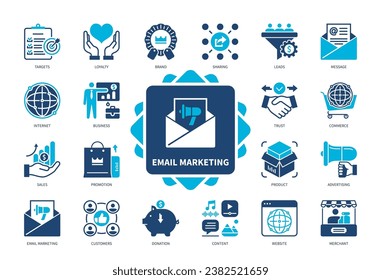 Email Marketing icon set. Targets, Message, Customers, Website, Business, Sales, Donation, Advertisement. Duotone color solid icons