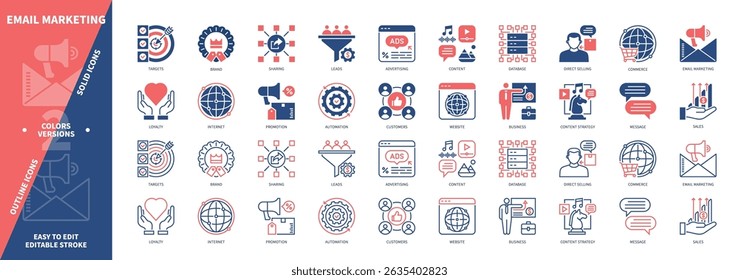 Email Marketing icon set. Targets, Message, Customers, Website, Business, Sales, Donation, Advertisement. Duotone color solid and editable outline icons