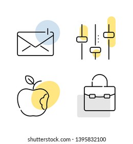 E-mail marketing icons. Letter, settings, apple, briefcase. Set of four line art illustrations. Vector file.