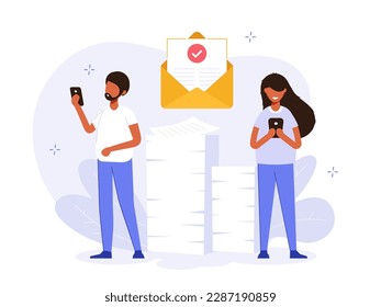 Email marketing illustration concept. Documents enclosed in an email. An envelope on the background of a stack of documents. Electronic document management. Creative flat vector.