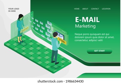 Email marketing illustration, a man sending a message, and a woman receiving a message, isometric vector illustration concept