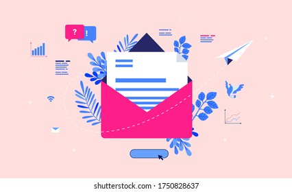 E-mail marketing illustration. Open mail envelope with communication and statistics around. Paper plane flying away as a symbol of sending mail. Vector.