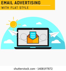 E-mail marketing inbox with envelope and paper plane and long shadow, strategy service,connection people, send mail social. Laptop with envelope and email on screen. Email advertising design