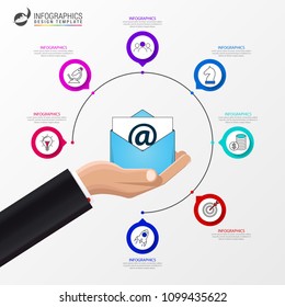 Email Marketing. Infographic Design Template. Business Concept With 7 Steps. Can Be Used For Workflow Layout, Diagram, Banner, Webdesign. Vector Illustration