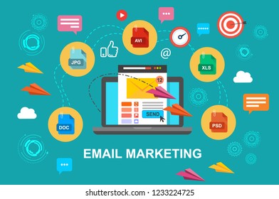 Email marketing, internet advertising concepts. Laptop with envelope and read email on screen. Vector illustration. Flat design.