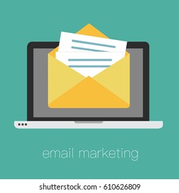 Email marketing, internet advertising concepts. Laptop with envelope and read email on screen. Vector illustration. Flat design.
