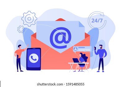 Email marketing, Internet chatting, 24 hours support. Get in touch, initiate contact, contact us, feedback online form, talk to customers concept. Pink coral blue vector isolated illustration