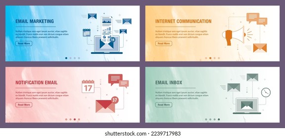 Marketing por correo electrónico, comunicación por Internet, correo electrónico de notificación y buzón de correo electrónico. Plantilla de banners Web con iconos de diseño plano en ilustración vectorial.
