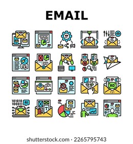 email marketing internet web icons set vector. technology business, digital design, communication message, mail online, social media email marketing internet web color line illustrations