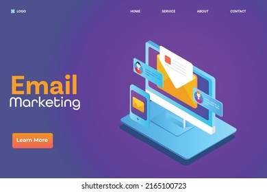 Email marketing isométrico, campaña de correo electrónico, red de correo electrónico, Enviar mensajes - plantilla de página de inicio de ilustración vectorial de estilo 3D