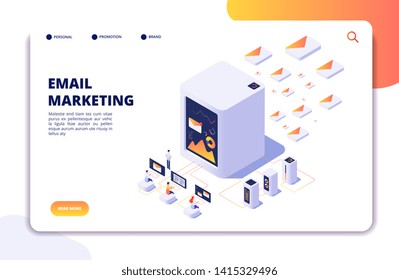 Email marketing isometric concept. Mail automation strategy. Email outbound campaign, message marketing vector landing page