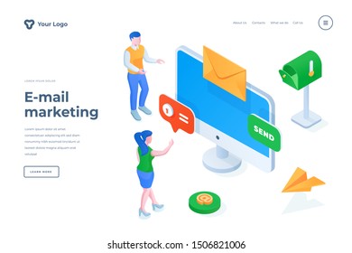 E-mail marketing isometric landing page template. Modern e-commerce methods for attracting target audience. Sending electronic letters, promotional newsletters to customers service webpage design