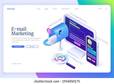 E-mail marketing isometric landing page with letter envelopes in mailbox near computer desktop, smartphone and magnifier. Electronic messages service benefits business concept, 3d vector web banner