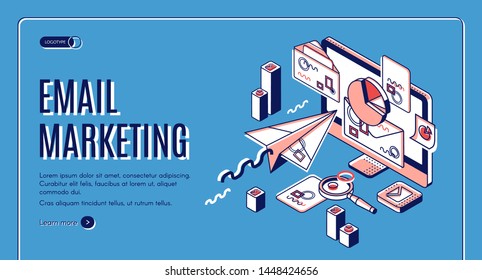 Email marketing landing page. Electronic mail messages automation business strategy, outbound newsletter campaign, spammer computer services. Isometric 3d vector illustration, web banner, line art