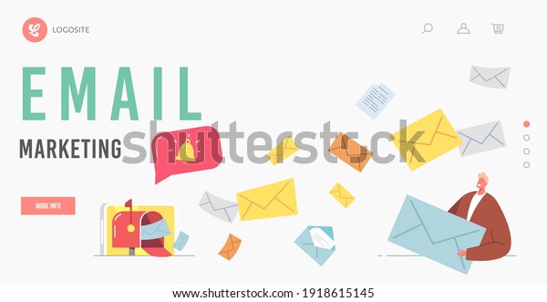 Email Marketing Landing Page Template.\
Character Stand at Mailbox with Email Message Envelopes Flying Out.\
Business Man Holding Huge Paper Envelope, Spam, Correspondence.\
Cartoon Vector\
Illustration