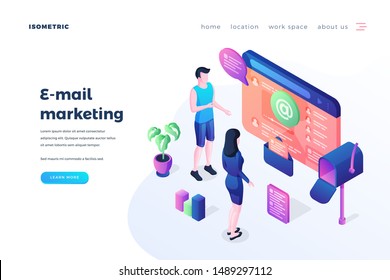 Email marketing landing page vector template. Internet advertising business website homepage interface idea with isometric illustrations. Newsletter subscription web banner 3D cartoon concept