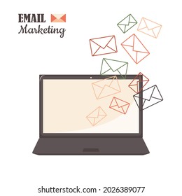 Email marketing in laptops and computers. Modern design. The envelopes are flying and drawn with a colored thin outline. Vector.