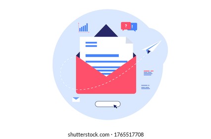 E-mail marketing - letter in envelope icon with graph, talk bubbles, paper plane and button in background. Newsletter and email campaign concept. Vector illustration.