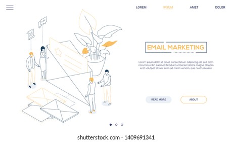 Email marketing - line design style isometric web banner with copy space for text. Website header with male, female colleagues, company staff holding big envelope with a business letter, email