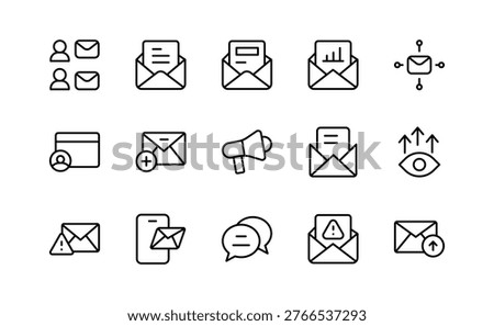 Email marketing linear icon collection. Newsletter campaign, digital communication, and professional business mail symbols design. Editable vector icon pack