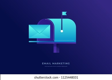 Email marketing. Mailbox and envelope on blue background. Information dissemination. Notification concept. Vector illustration. 