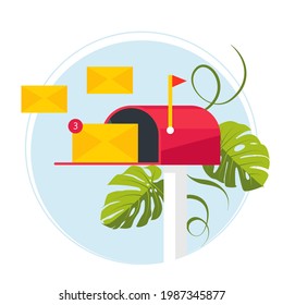 E-mail marketing. Mailbox and envelopes surrounded with notification by icons. Email concept represented by envelope and mailbox icon. Mailbox post full of letters and spam information. Email bombing