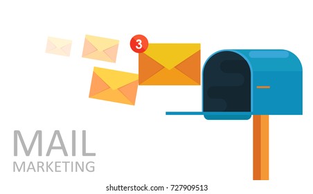 E-mail marketing. Mailbox and envelopes surrounded with notification by icons. Vector flat illustration