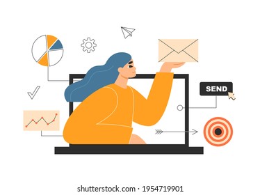 Email marketing, mailing service concept. Manager sending message via a marketing automation system. Email campaign, newsletter. Internet marketer using a laptop. Isolated flat vector illustration