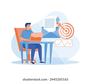 Email marketing, mailing service concept. Manager sending targeted email campaigns, newsletters. Internet marketer using a laptop. flat vector modern illustration