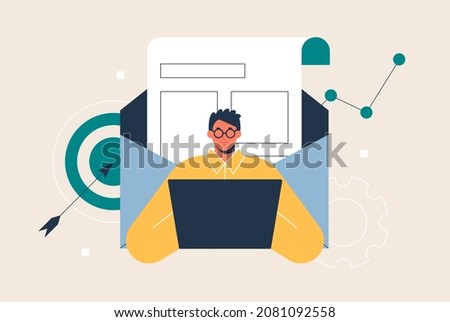Email marketing, mailing service concept. Manager sending targeted email campaigns, newsletters. Internet marketer using a laptop. Isolated flat vector illustration