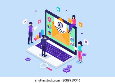 Email Marketing, Mailing services with a businessman and people team are working near a giant laptop. Isometric Vector Illustration