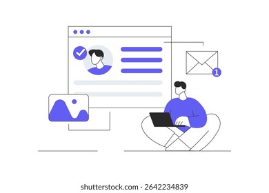 Email Marketing. Man Character Using Online Postbox and Sending Advertising Mails. Envelope and Reading Letters. Flat Cartoon Vector Illustration, icon. Stylish abstract design landing page