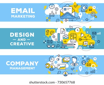 Email marketing & management concept on blue backgrounds with title. Vector set of banner illustrations with business elements. Thin line art flat style design for web, site, banner, presentation