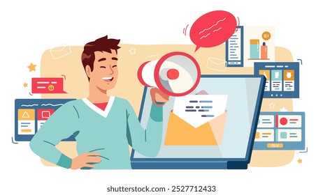 Gerente de email marketing publicitario con megáfono. Hombre persona que sostiene hablando por el altavoz. Correo de la promoción del boletín del negocio, Ilustración vectorial plana del concepto de la correspondencia de la publicidad