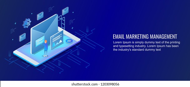 Email marketing, message, subscription, email management flat design 3D style isometric banner