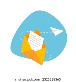 Email marketing and messaging. Concept of mail sending with paper plane. Flying envelope. Vector illustration in trendy flat style isolated.