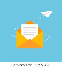 Email marketing and messaging. Concept of mail sending with paper plane. Flying envelope. Vector illustration in trendy flat style isolated.