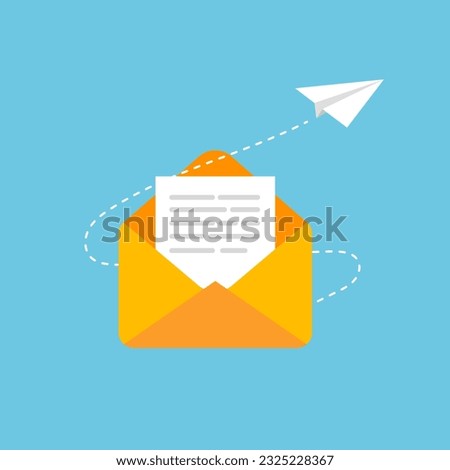 Email marketing and messaging. Concept of mail sending with paper plane. Flying envelope. Vector illustration in trendy flat style isolated.