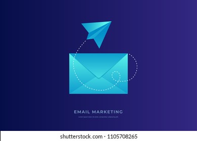 Email marketing. Mobile e-mail notification concept. Closed postal envelope and paper airplane on blue background. Flat vector illustration.