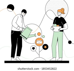 Email marketing - modern flat design style illustration with line elements. Social media and promotion idea. A colorful composition with a business team, managers, watering pot, stars images