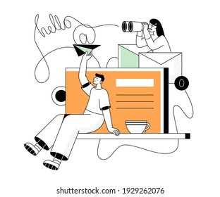 Email marketing - modern flat design style illustration with line elements. Social media, communication and promotion. A colorful composition with a man and woman, managers sending business letters