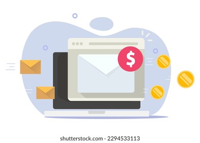 Correo electrónico marketing dinero flujo de conversión icono vector gráfico, influencia de afiliación ingresos de correo como programa de suscripción de boletines, ingresos de publicidad de sitios web digitales en el cliente de imágenes de computadora portátil
